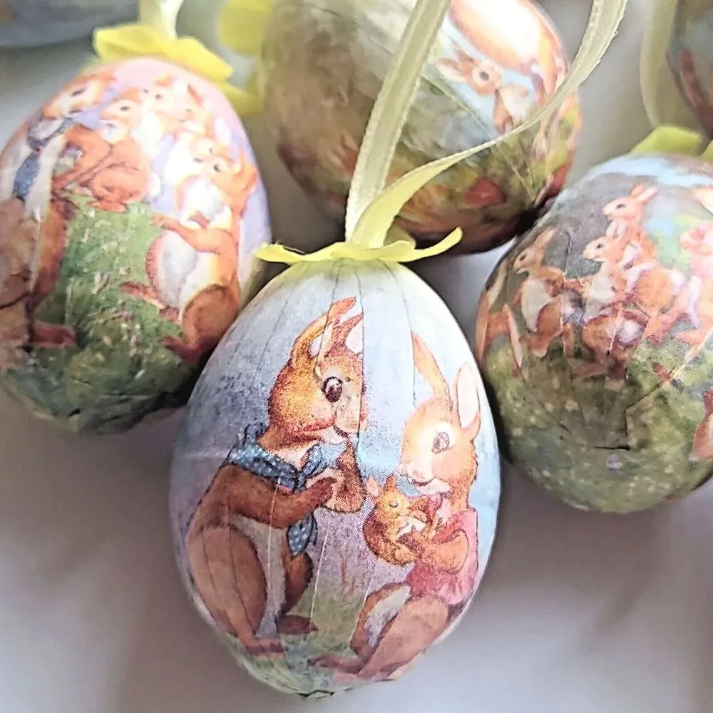 Lot of 10 Vintage Paper Mache Decoupage Easter Egg Tree Ornaments Bunny Bunnies